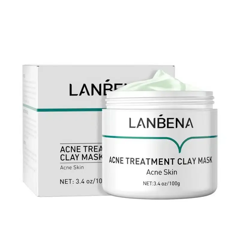 Lanbena Acne Treatment Clay Mask green tube with tea tree leaf design and clear content window. - thumbnail