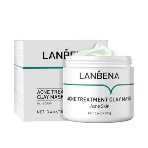 Lanbena Acne Treatment Clay Mask green tube with tea tree leaf design and clear content window.