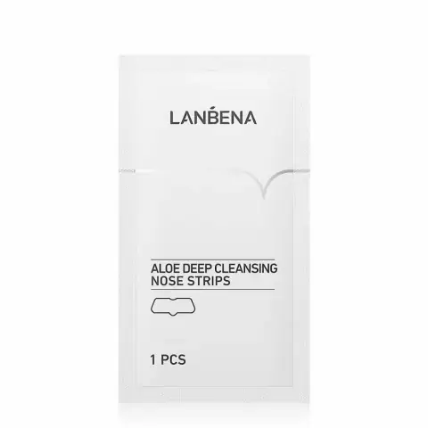 Lanbena Aloe Deep Cleansing Nose Strips box, white and green, displaying fresh aloe vera leaf.