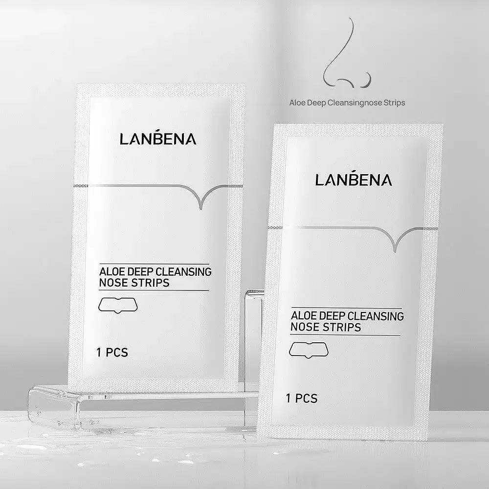 Individual Lanbena Aloe Deep Cleansing Nose Strip silver pouch, featuring green branding and aloe leaf. - thumbnail