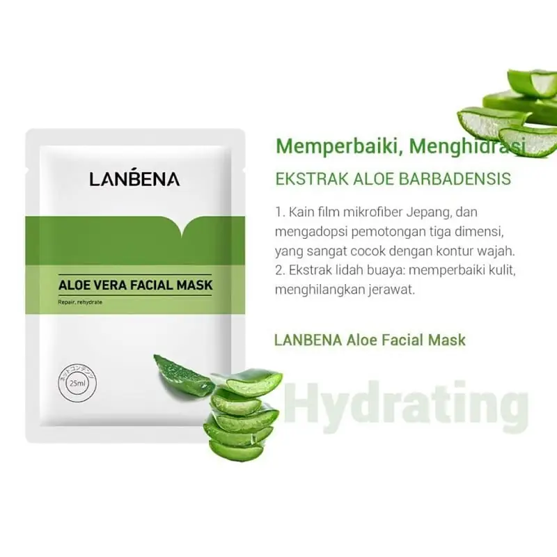Three Lanbena Aloe Vera hydrating sheet mask pouches stacked, showing green packaging details. - thumbnail