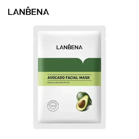 Authentic Lanbena Avocado moisturizing sheet mask, green sachet with a ripe avocado graphic, front-facing product.