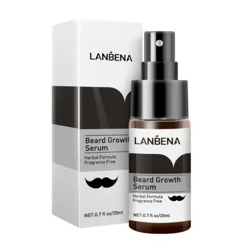 Lanbena Beard Growth Serum 20ml, brown dropper bottle, full product display on white.