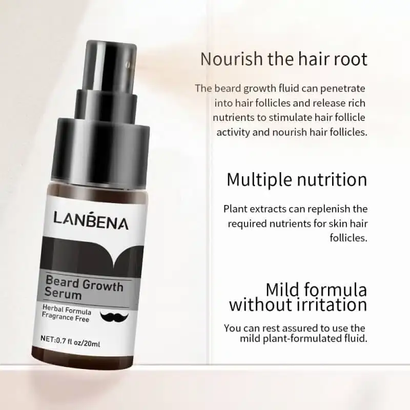 Lanbena Beard Growth Serum open bottle with visible glass dropper applicator for use. - thumbnail