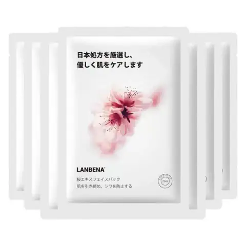 Lanbena Cherry Blossom sheet mask, vibrant pink packaging with beautiful sakura flowers, frontal view.