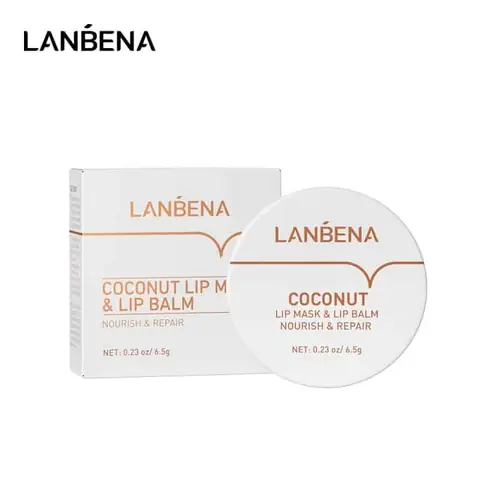 Lanbena Coconut Lip Balm white tube with green translucent cap, tropical leaf and coconut design.