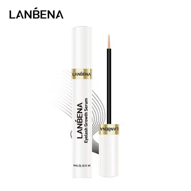 Lanbena Eyelash Growth Serum in its elegant white tube with a shiny gold cap, presented front and center. - thumbnail