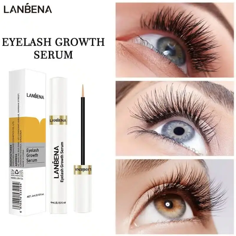 Close-up of the Lanbena Eyelash Growth Serum, highlighting its gold cap and precise applicator brush. - thumbnail