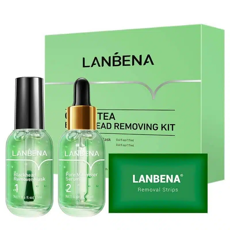 Lanbena Green Tea Blackhead Remover Kit showing two bottles, nose strips, and product box. - thumbnail