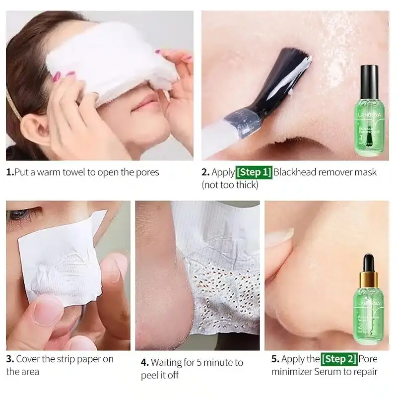 Lanbena Green Tea Blackhead Remover Kit's two dark green bottles, liquid and mask. - thumbnail