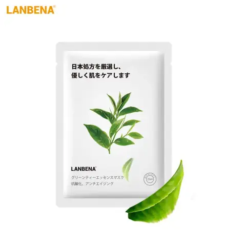 Lanbena Green Tea Sheet Mask sachet, front view, displaying vibrant green packaging and tea leaf design.