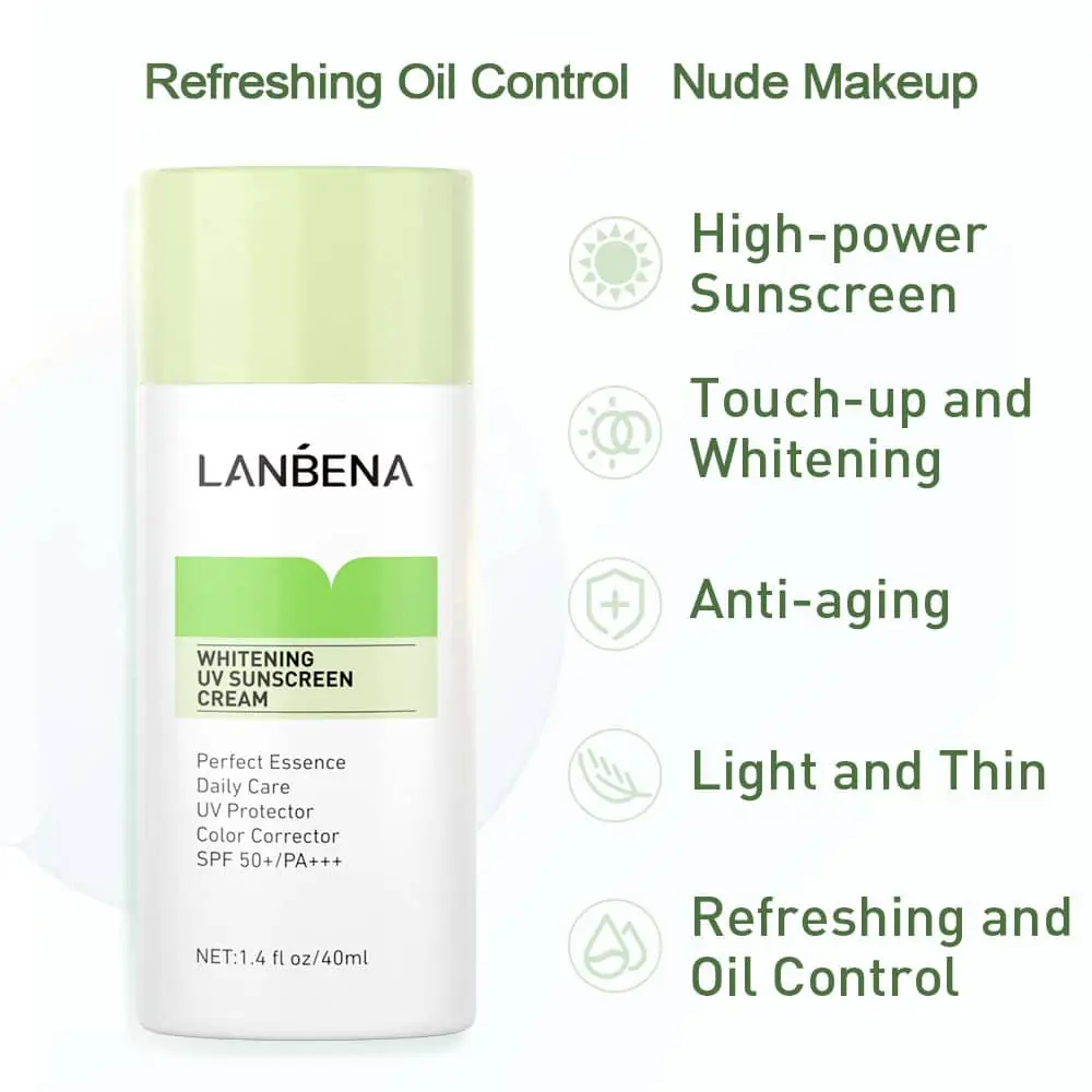 Lanbena Green Whitening UV Sunscreen Cream squeezed out, revealing its smooth white creamy texture. - thumbnail