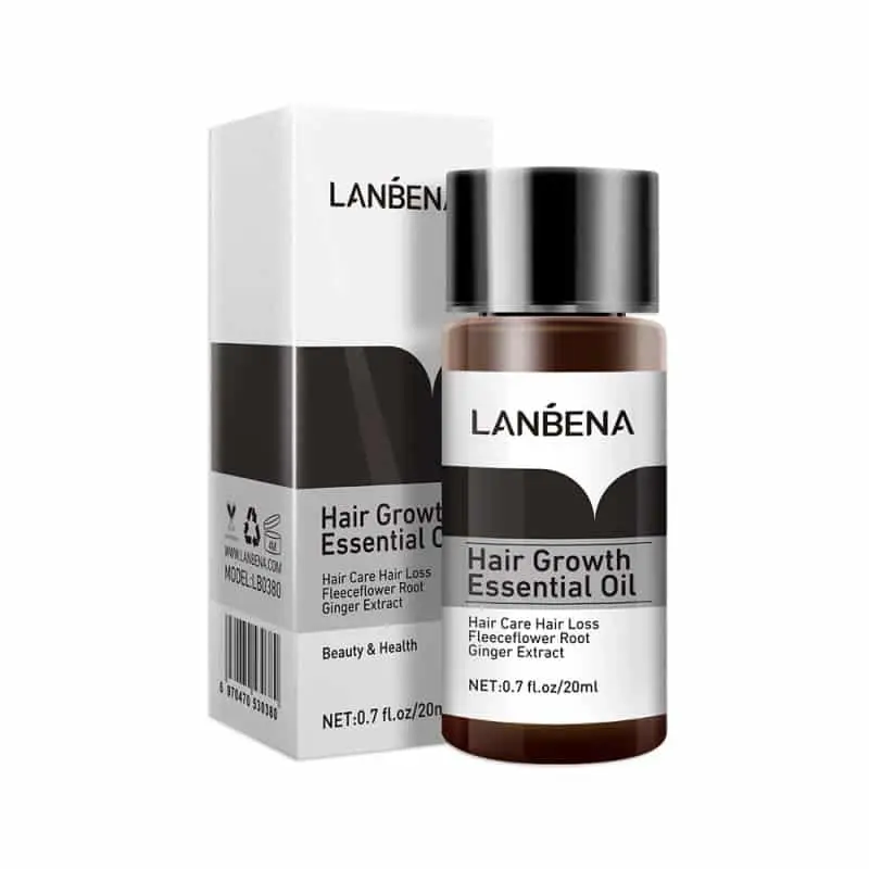 Lanbena Hair Growth Essential Oil in an amber glass dropper bottle, beside its yellow product box. - thumbnail