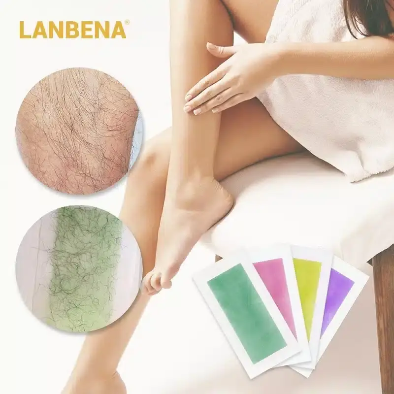 Lanbena hair removal wax strips box showing 10 pcs with pink details and smooth leg illustration. - thumbnail