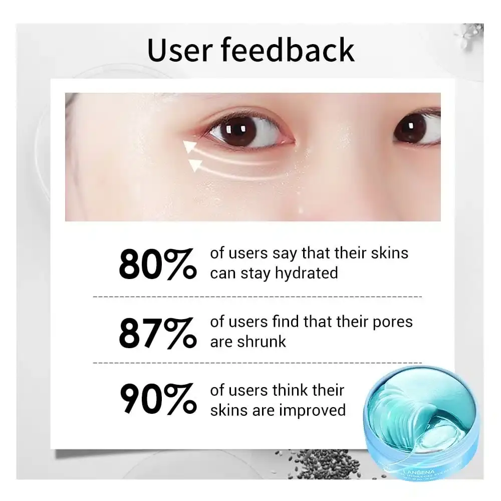 Open Lanbena jar revealing green hydrogel eye patches with serum and application spatula. - thumbnail