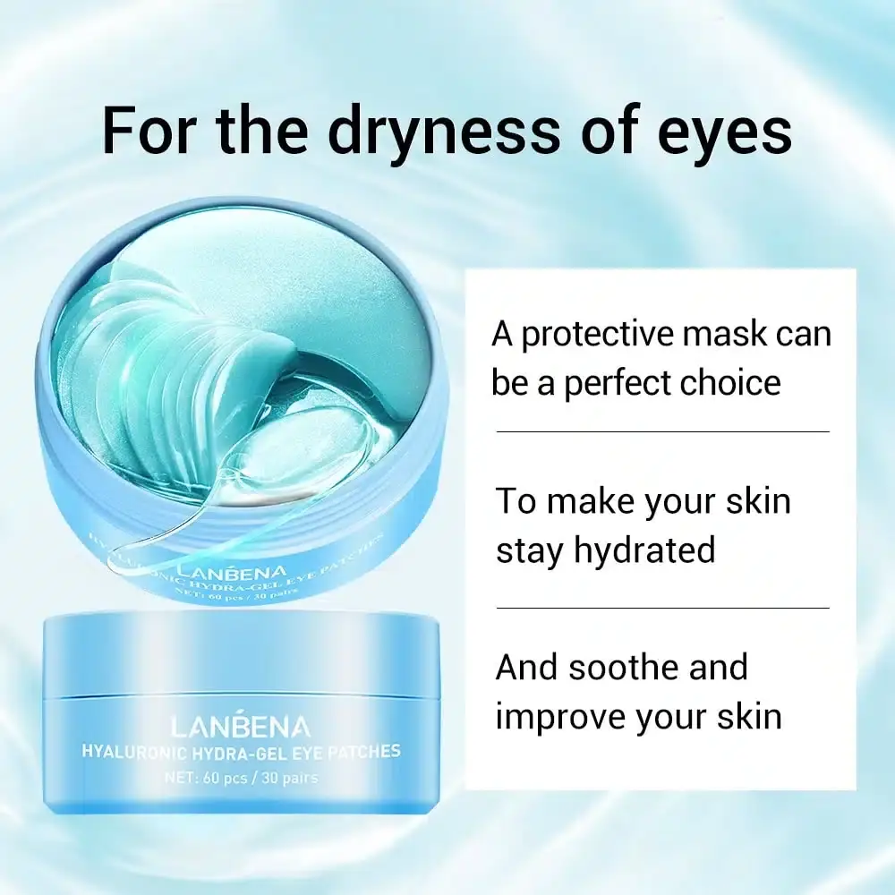 Lanbena Hyaluronic Acid eye mask box displayed next to the open jar with patches. - thumbnail