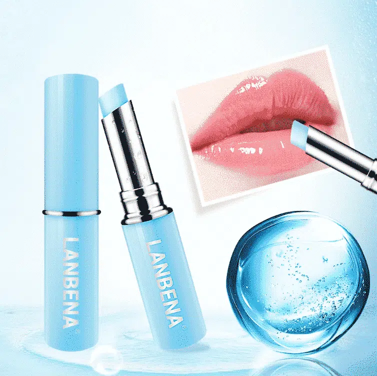 Lanbena Hyaluronic Acid Lip Balm in a sleek, light blue tube with a clear cap.