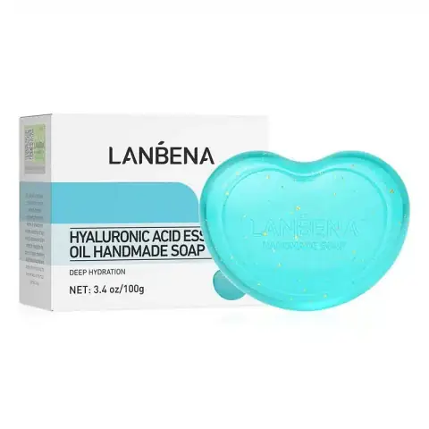 Lanbena Hyaluronic Acid Soap in its distinctive light blue and white retail packaging, front view.