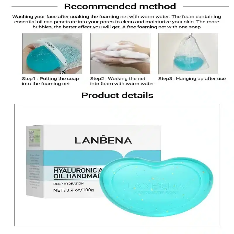Translucent amber Lanbena Hyaluronic Acid Soap bar resting on its opened blue product box. - thumbnail