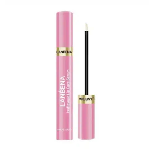 Elegant Lanbena Isoflavone Lip Care Serum 4ml bottle, golden cap, clear liquid, applicator.