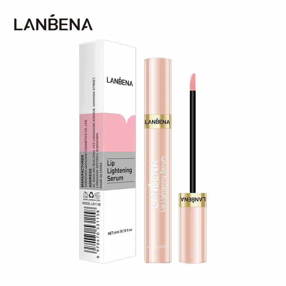 Lanbena Lip Lightening Serum 4ml tube in pink-silver packaging with clear applicator on white background. - thumbnail