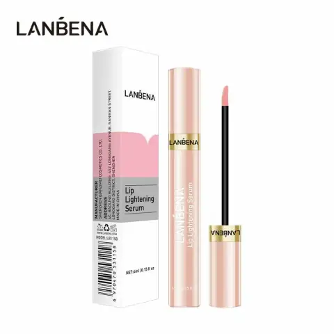 Lanbena Lip Lightening Serum 4ml tube in pink-silver packaging with clear applicator on white background.