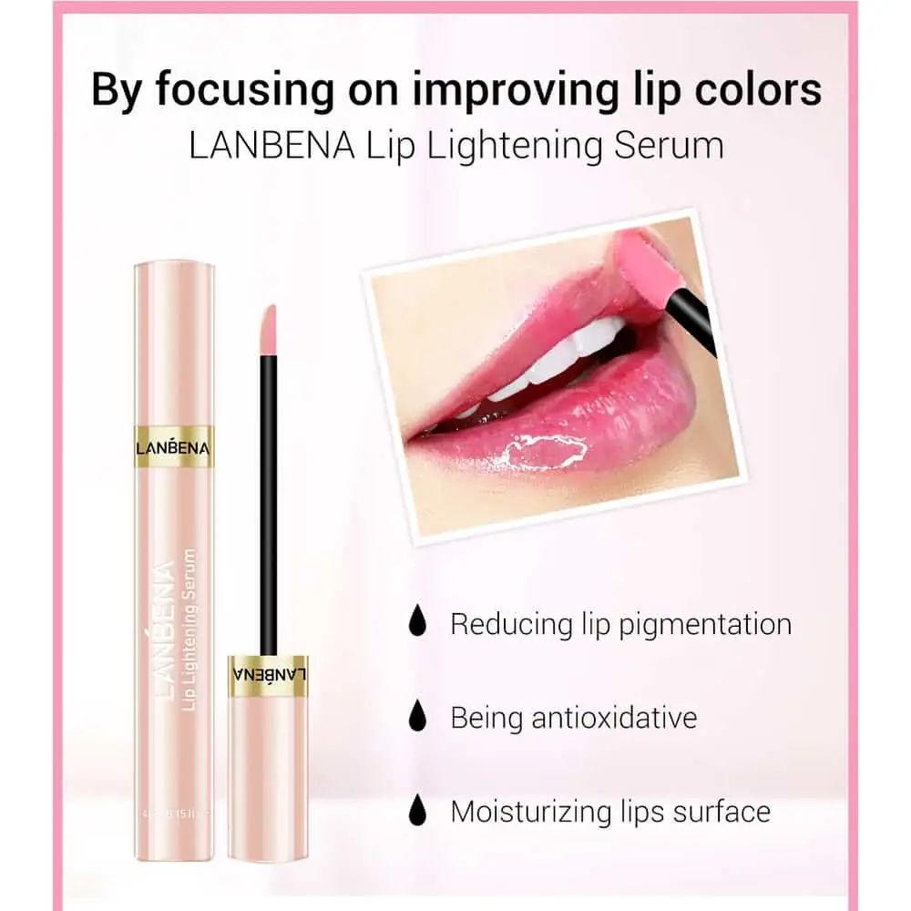 Lanbena Lip Lightening Serum 4ml tube resting horizontally beside a small decorative green leaf. - thumbnail