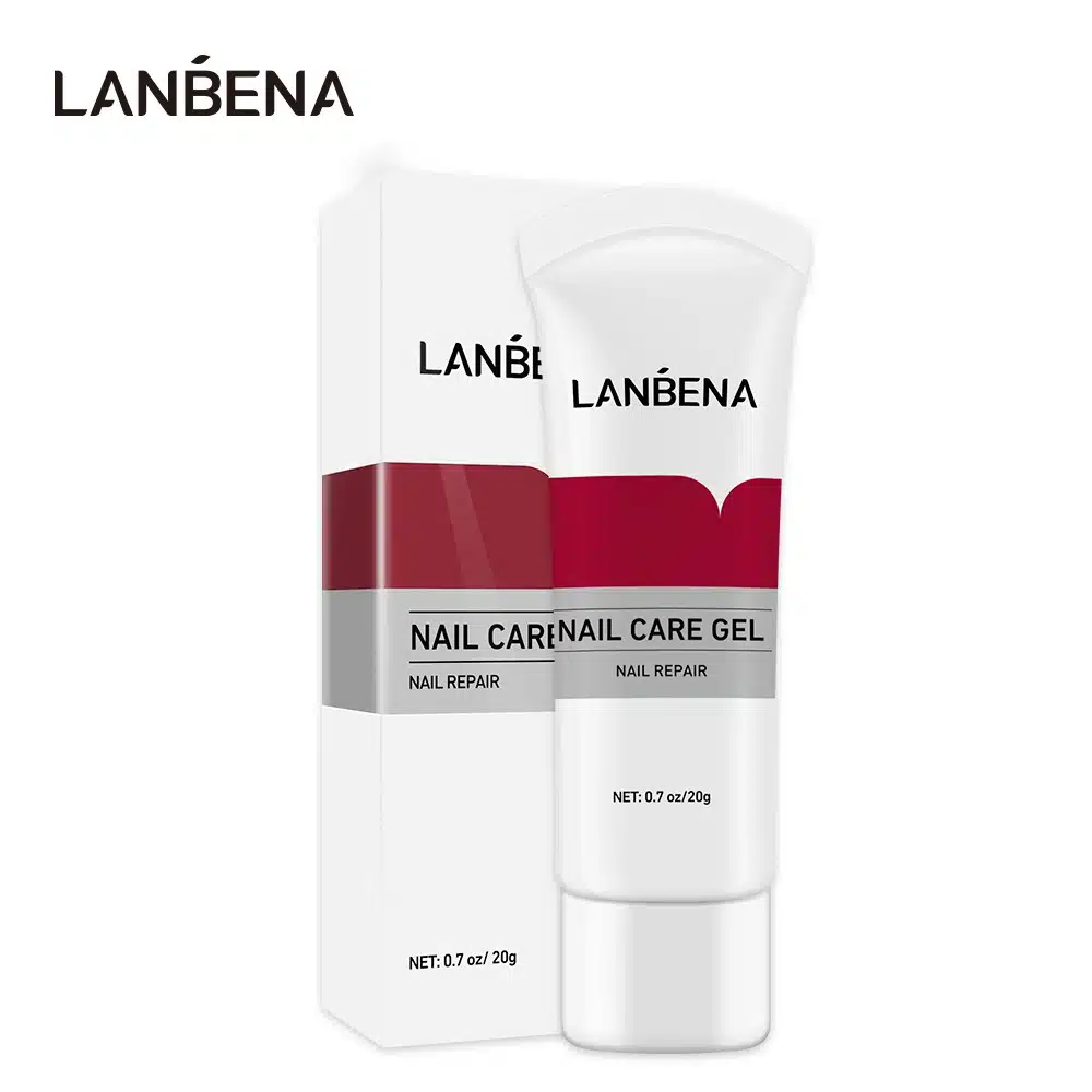Full Lanbena Nail Care Gel 20gm tube and its colorful white-green box packaging, front view. - thumbnail