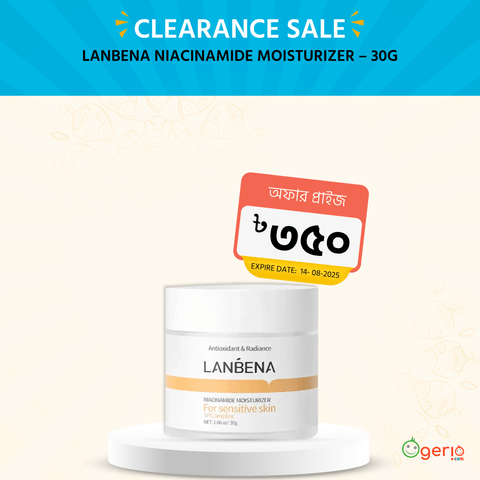 Lanbena Niacinamide Moisturizer 30g jar, showing white cream in clear glass with silver lid.
