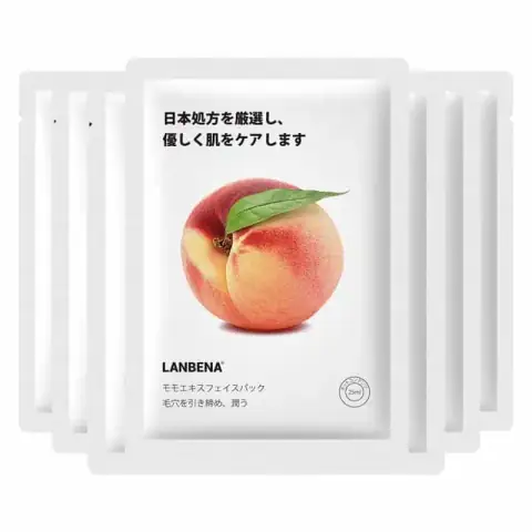 Front view of Lanbena Peach Sheet Mask, showcasing peachy-pink packaging with fruit illustration.