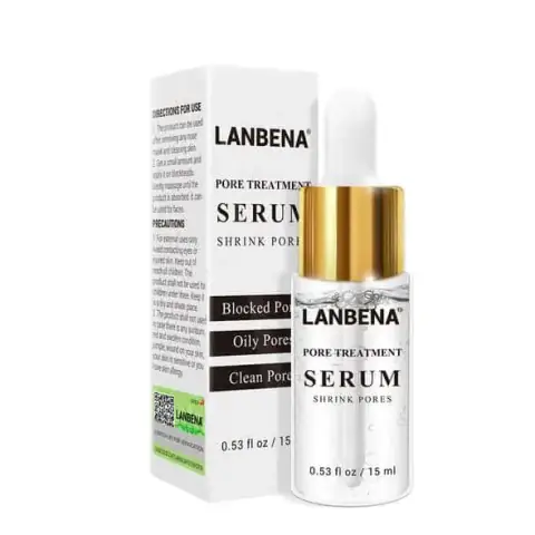 Lanbena Pore Treatment Serum in a clear glass bottle with white dropper cap, standing upright.