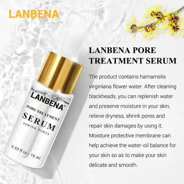 Lanbena Pore Treatment Serum bottle with the white dropper cap unscrewed, showing the applicator. - thumbnail