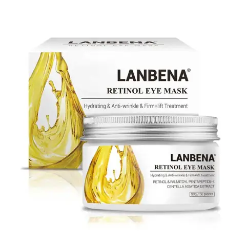 Full view of Lanbena Retinol Eye Mask 50pcs in a golden jar on white background.