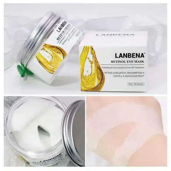 One shimmery golden Lanbena Retinol Eye Mask patch held by white spatula. - thumbnail