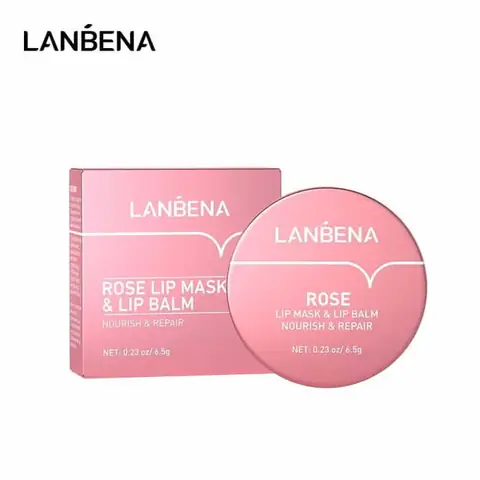 Lanbena Nourishing and Repair Rose Lip Balm in clear jar with visible pink petals.
