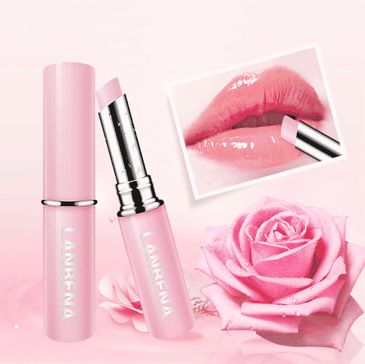 Translucent pink Lanbena Rose Lip Balm in its elegant round jar with a reflective silver lid.