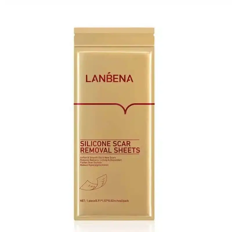 Open Lanbena Silicone Scar Removal Sheets box, revealing flexible transparent sheets for scar treatment. - thumbnail