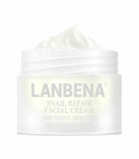 Front view of Lanbena Snail Repair Facial Cream jar, showcasing white and gold packaging.