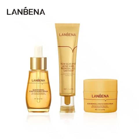 Lanbena TCM Scar Removal 3-piece set displayed, including cream tubes and serum bottle.