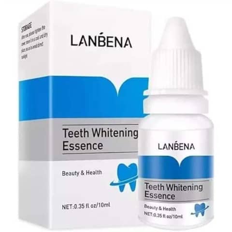 Lanbena Teeth Whitening Essence bottle, showing the clear serum and blue label with white dropper.