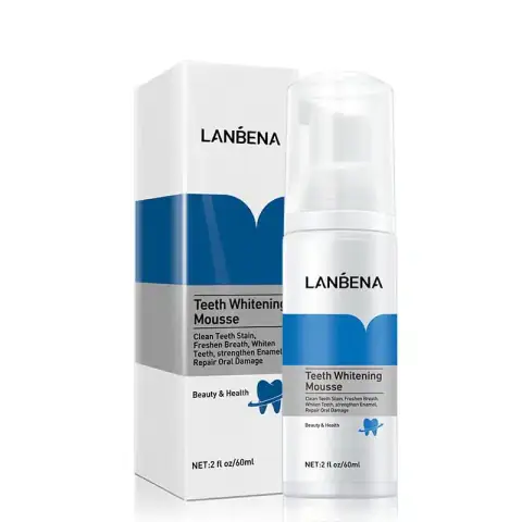 Lanbena Teeth Whitening Mousse 60ml pump bottle, clear cap, gold base, on white background.