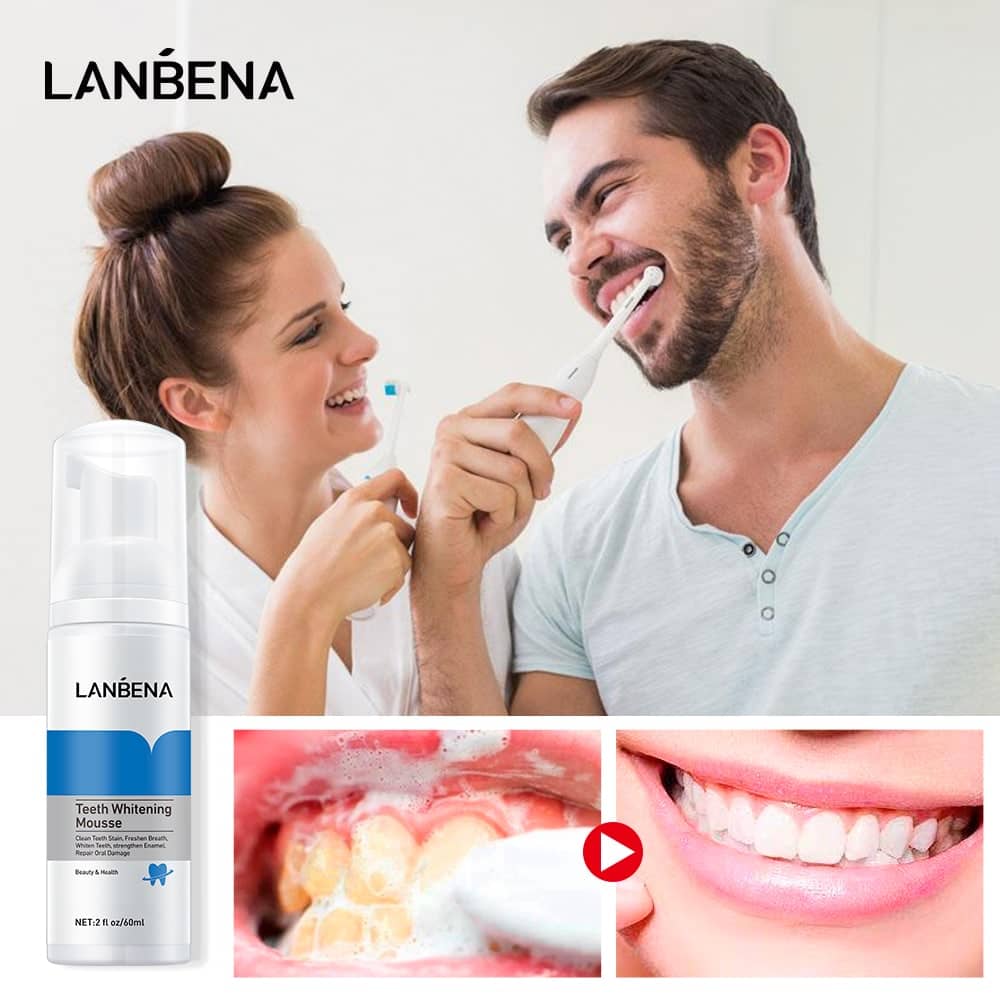 Lanbena Teeth Whitening Mousse 60ml bottle displayed horizontally on a clean white surface. - thumbnail