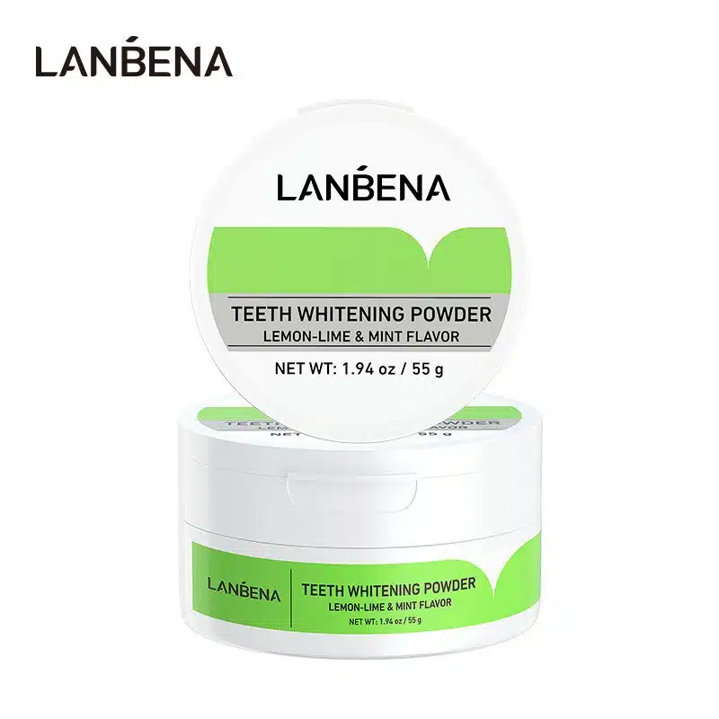 Lanbena Teeth Whitening Powder 55g black jar, front view, with silver lid and scoop. - thumbnail