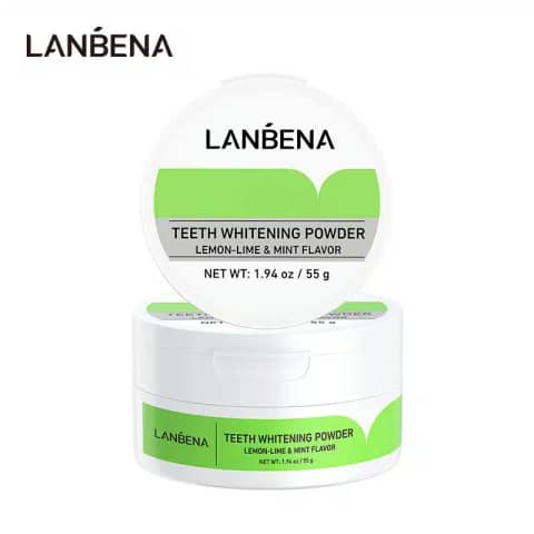 Lanbena Teeth Whitening Powder 55g black jar, front view, with silver lid and scoop.