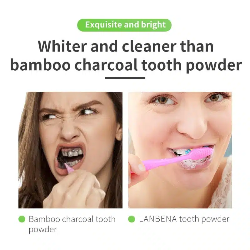 Open Lanbena Teeth Whitening Powder 55g jar revealing fine white powder and spoon. - thumbnail