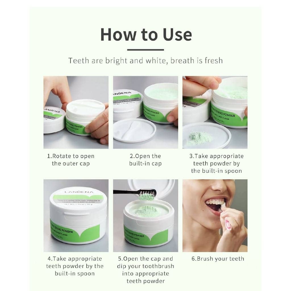 Lanbena Teeth Whitening Powder 55g jar, side view, showing detailed product information label. - thumbnail
