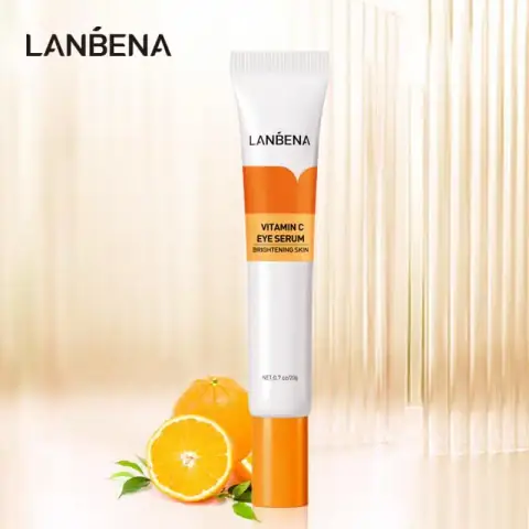 Lanbena Vitamin C Brightening Eye Serum 20g with orange box and clear pump bottle on white.