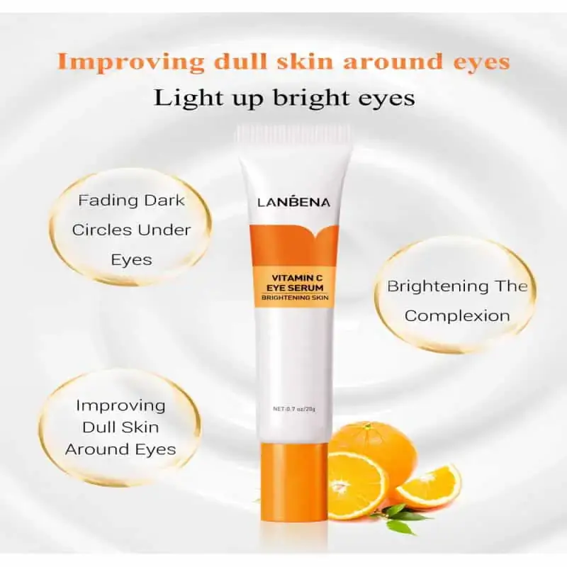 Close-up of Lanbena Vitamin C Brightening Eye Serum 20g clear bottle with orange pump. - thumbnail