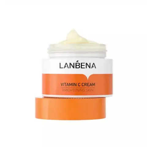 Lanbena Vitamin C brightening facial cream in a white jar with a vibrant orange lid, 50gm.