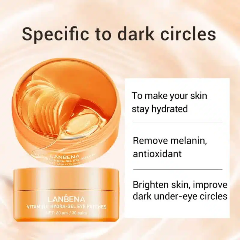 Open Lanbena Vitamin C Eye Patch Gel jar revealing numerous golden hydrogel patches and spatula. - thumbnail
